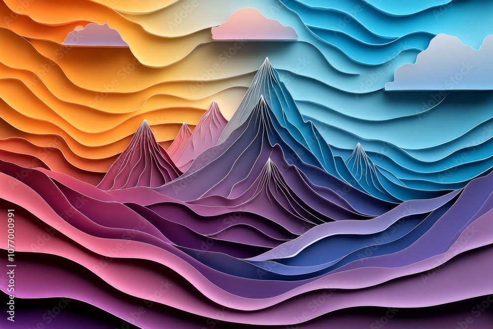 Aufkleber outline of a mountain range in soft pastel colors, with only a few lines depicting peaks and valleys