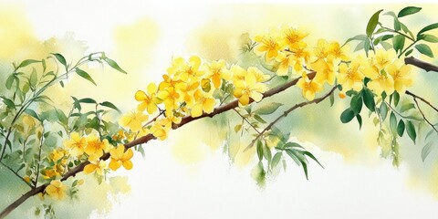 Hand-drawn Watercolor Illustration of Sophora Japonica Blossom with Leaves