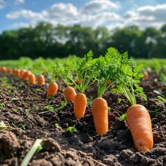 A row of carrots are growing in a field