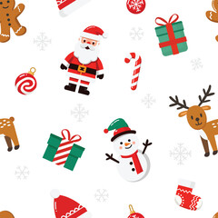Christmas seamless pattern. Repeatable pattern of Christmas and New Year including Santa, reindeer, snow, gift ornaments or wallpaper, wrapping paper, card template or banner or textile print. Vector