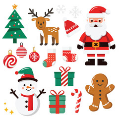 Christmas Elements Set Christmas Set Christmas icons including Santa, reindeer, snow, gift ornaments and other holiday elements. Vector illustration.
