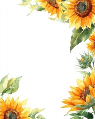 Rustic Sunflower Bouquet. Hand-drawn Watercolor Floral Border for Wedding Invitation