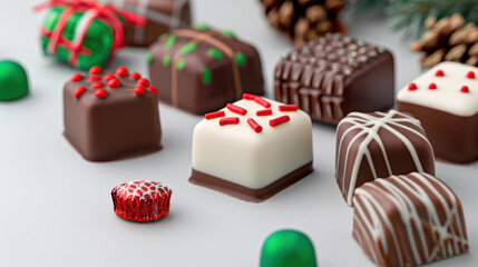 National Chocolate Candy Day.  A festive collection of Christmas-themed chocolates with intricate designs, featuring red and green accents and holiday patterns.