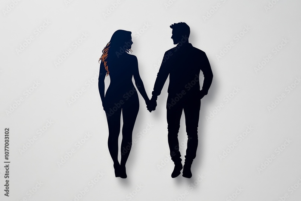Poster simple silhouette of a couple holding hands, with clean lines and a single color on a white backgrou