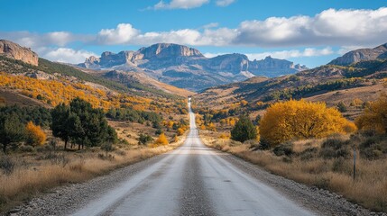 A long, winding dirt road leads through a valley with vibrant yellow trees and majestic mountains in the distance on a sunny autumn day.