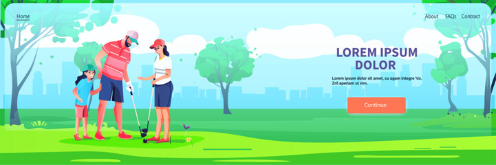 Family playing golf outdoor activity scene. Parents teaching child how to play golf in park with trees and cityscape background. Website landing page template