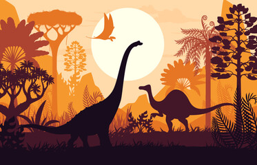 Dinosaurs silhouettes at sunset landscape in Jurassic era forest, vector background. Prehistoric giant lizards and pterodactyl silhouettes in jungle sunset for paleontology museum or dinosaurs atlas © Vector Tradition
