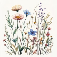 Naklejka premium Vintage Floral Illustration: Watercolor Meadow Wreath of Wildflowers, Greenery, Herbs in Romantic Wedding Frame