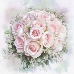 Obraz premium Vintage Wedding Rose Bouquet Watercolor Illustration in Soft Pastel Tones