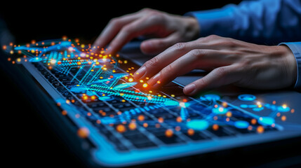 Fototapeta premium Hands Typing with Futuristic Digital Interface on Laptop..