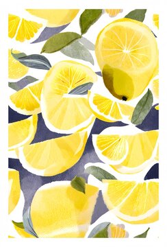Illustration of a collection of lemons and their leaves