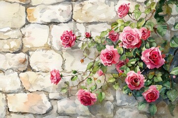 Watercolor Roses Blooming on Stone Wall Backdrop, Botanical Illustration
