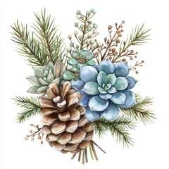 Fototapeta premium Winter Wedding Floral Composition. Watercolor Bouquet with Cones, Succulents, and Eucalyptus Leaves