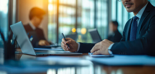Asian Businessman and Colleague Collaborating on Laptop in Corporate Meeting Room