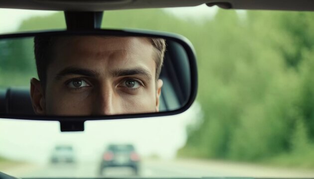 A young driver gazes thoughtfully into the rearview mirror while cruising along a quiet road bordered by forest. The warm light of sunset highlights the serene surroundings. Generative AI