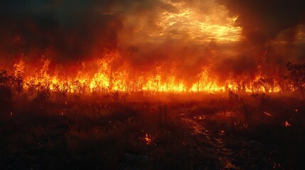 Naklejka premium A natural disaster unfolds as a firestorm ravages the land, fueled by climate change and rising global temperatures