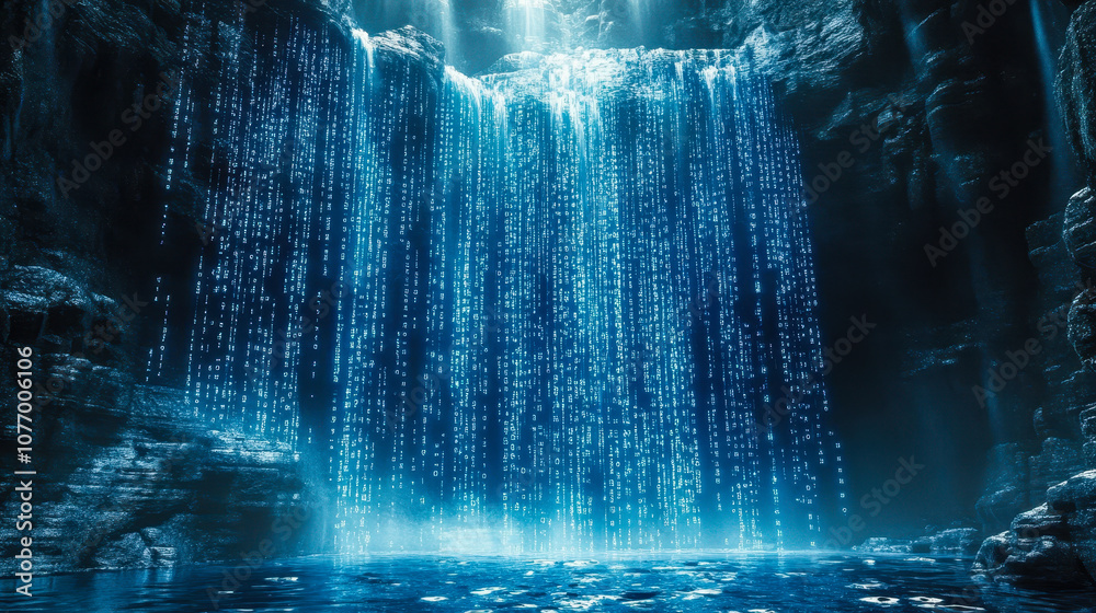 Fototapete digital waterfall with cascading blue matrix binary code visualizing data flow