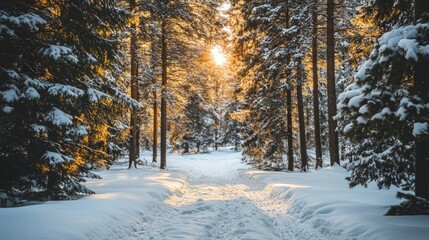 Obraz premium Serene Winter Pine Forest, a tranquil scene of a dense pine forest blanketed in fresh snow, highlighting the vibrant green trees against a pure white winter landscape