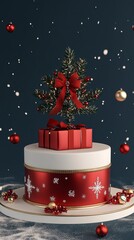 Christmas cake decorated with christmas tree and gift under falling snowflakes