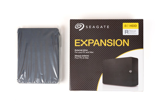 Kyiv, Ukraine - October 23, 2024: Seagate Expansion External Hard Drive by Packaging Box