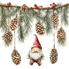 Fototapeta premium Christmas Garland Watercolor Collection with Scandinavian Gnome and Winter Decor