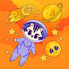 Cartoon raccoon in space. Raccoon in outer space with planets, comets, stars. Vector