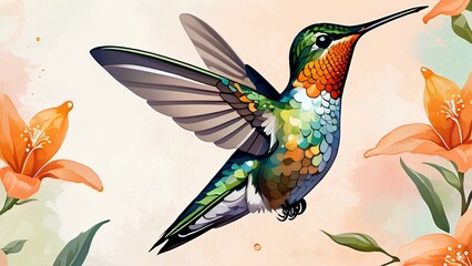 Obraz premium A vibrant, close-up of a hummingbird feeding from an orange flower with a soft watercolor background.