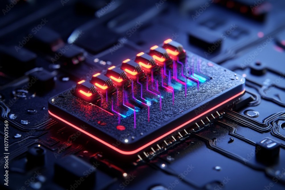 Poster a cyberpunk keyboard with neon-colored keys, metallic textures, and glowing lights, set in a dark, f