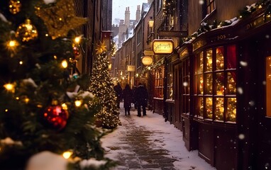 Naklejka premium christmas decorations in a wizard magic world with snow, christmas trees and yellow bokeh lights in a tight alley