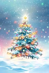 Christmas tree shining brightly in snowy landscape with falling snowflakes