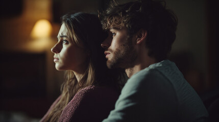 Naklejka premium Pensive couple sitting together in dimly lit room