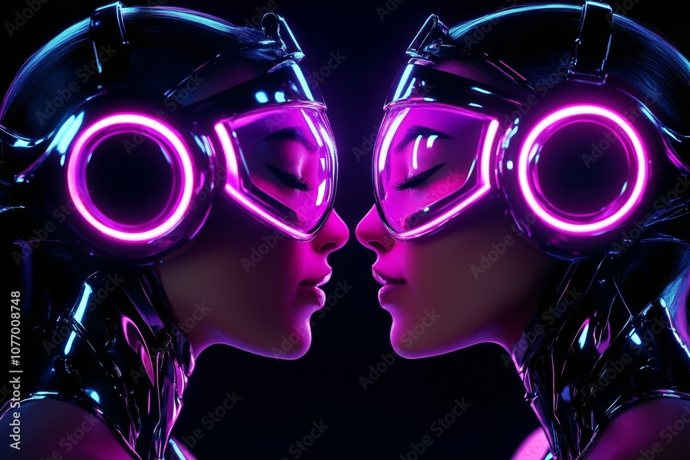 Poster A futuristic digital rendering of two robotic faces sharing a kiss, with neon lights and metallic textures