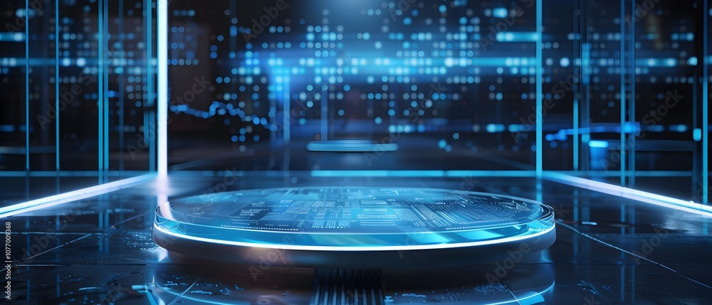 Poster Futuristic Digital Interface with Glowing Circular Platform and Abstract Background in Blue Tones, Representing Technology and Innovation Concepts