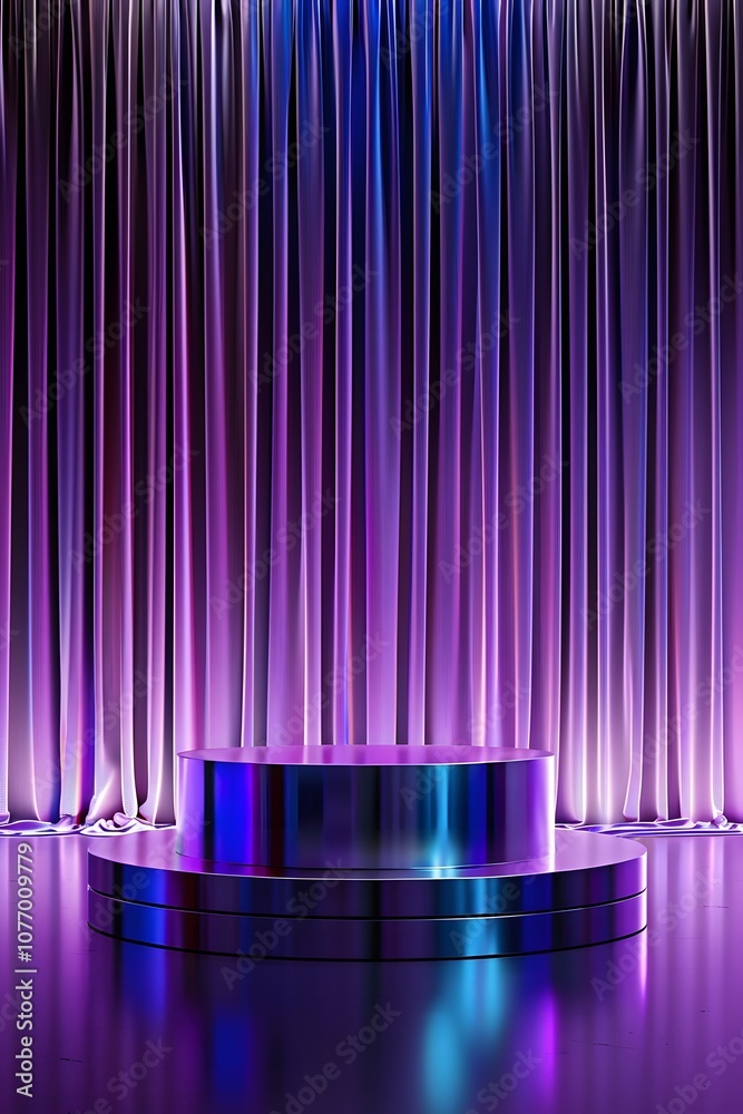 Aufkleber elegant stage featuring a circular podium with soft purple and blue lighting, draped curtains creati