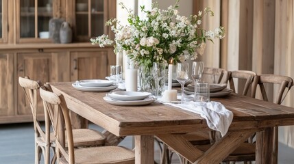 Obraz premium Charming Farmhouse Dining Experience, featuring a rustic table with inviting chairs, decorated with a vibrant floral centerpiece and soft candlelight ambiance for a cozy gathering.