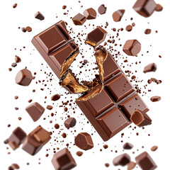A chocolate bar shatters in mid-air, scattering pieces and cocoa powder for a dynamic effect