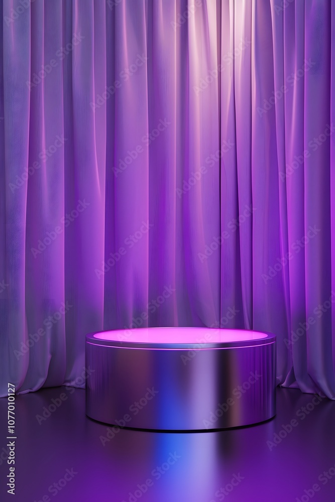 Poster stylish and modern stage setup with round platform surrounded by elegant draped curtains in soft pur