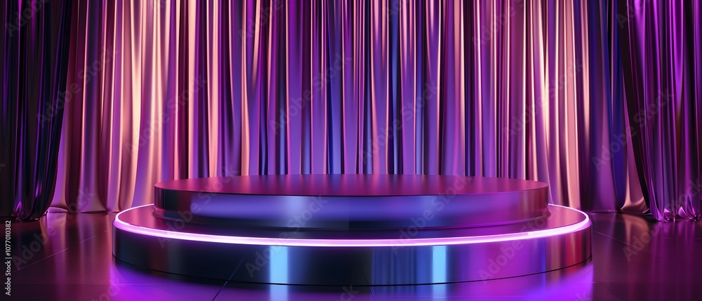 Poster vibrant stage setup with dynamic purple and pink curtains, ideal for performances, presentations, an