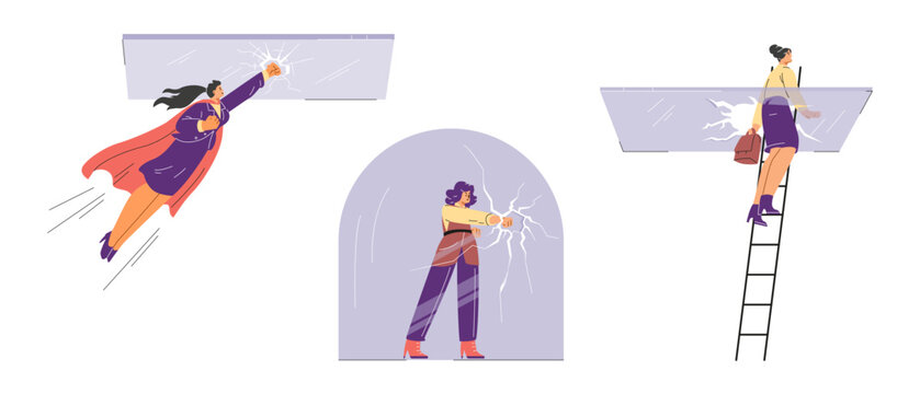 Vector illustration of a set of women breaking a glass ceiling and a dome.