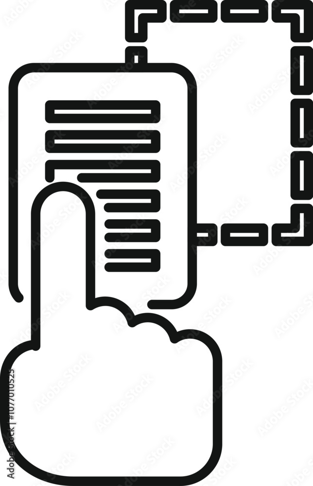 Poster finger scrolling on smartphone screen, connected to blockchain network, symbolizing data selection a