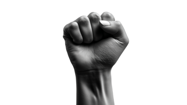 The image features a clenched fist held high, representing unity and strength. The contrast of black and white emphasizes the powerful message conveyed.