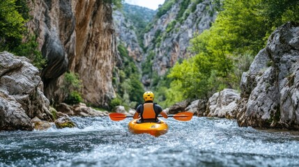 Kayaker Navigating Rapids in a Narrow Gorge