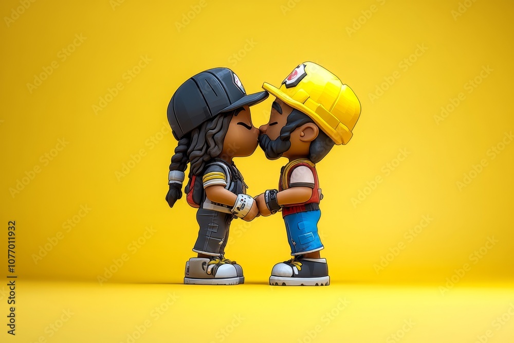 Poster a pixel art kiss between two characters with cute, blocky features, in retro game style against a si