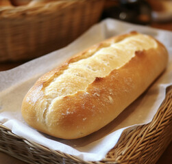 Loaf of fresh bread on parchment paper in wicker basket. Rustic bakery and homemade food concept