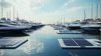 Fototapeta premium A marina with a row of solar panels floating on the water, providing clean energy for the docked yachts.