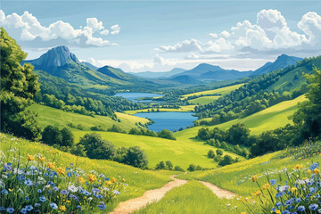 Obraz premium A lush valley landscape with a winding path leading to blue lakes, surrounded by green hills and distant mountains. Wildflowers bloom under a bright sky filled with fluffy clouds