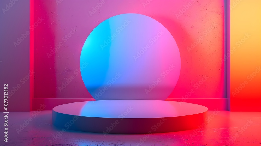 Poster Modern Minimalist Scene Featuring Colorful Neon Lighting with Circular Elements and a Reflective Surface for Creative Design and Artistic Presentations