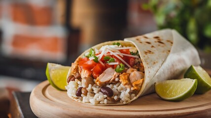A close-up of a wrapped burrito filled with rice, beans, grilled chicken, fresh salsa, and a sprinkle of cheese, served on a wooden board with lime wedges