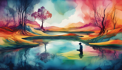 Fototapeta premium Depression Image of a pond with a sad looking person's shadow reflected back