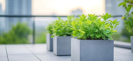 Obraz premium Green plants in square pots on a patio.